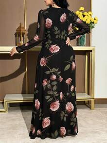 Modelyn Plus Size Women's Elegant Floral Print V-Neck Ruched Waist Vacation Dress, Suitable For Spring, Summer And Autumn - Multicolor - View 2