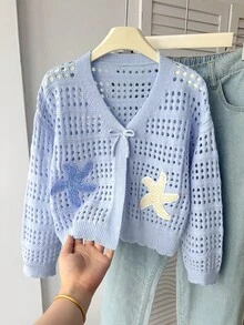 SHEIN Tween女孩鏤空純色淺藍針織秋季開襟衫，舒適百搭，適合居家、休閒可愛外出、海灘派對 - 淺藍色 - 查看 2