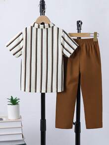 SHEIN Young Boy Striped Pattern Short Sleeve Shirt & Plain Pants Set - Brown - View 2