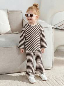 Baby Girl Casual Striped High-Neck Asymmetrical Hem T-Shirt And Flared Pants Set, Autumn/Winter Style - Khaki - View 6