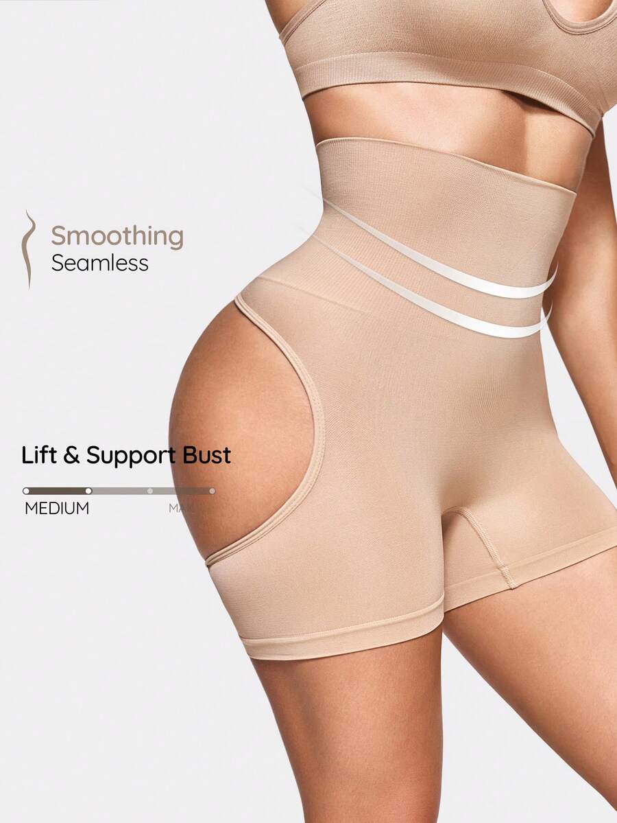 SHAPORA Pantalones cortos moldeadores de unicolor de cintura alta acanalados para mujer - Albaricoque - Ver 1