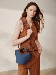 MOTF PREMIUM WOMEN'S FASHION RETRO BLUE SHOULDER BAG, CASUAL SIMPLE CONTRASTING HANDBAG, FAN SHAPE, ROUND HANDLE, SUITABLE FOR DAILY LIFE, DATING, SHOPPING, VACATION, TRAVEL - Blue coffee - View 8