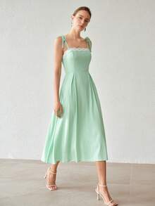 MOTF PREMIUM VESTIDO DE MUJER ELEGANTE PARA DESPLAZAMIENTO CON TIRANTES DE ENCAJE DE COLOR CONTRASTANTE EN LINO - Verde - Ver 6
