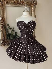 Lovelzi Elegante vestido mini sin tirantes de moda romántica vintage color café con lunares, estilo corto de satén con volantes en capas esponjosas y corte A, adecuado para regreso a la escuela, baile de graduación, boda y vestido de noche formal para mujeres - Café integral - Ver 8