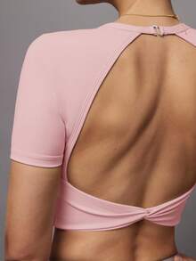 Activina Women's Solid Color Back Cutout Design Short Sleeve Sports T-Shirt - Pink - View 8