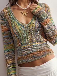 Bohemela Women's V-Neck Long Sleeve Colorblock Fashion Knit Top - Multicolor - View 7