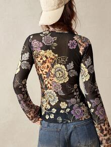 Bohemela Plus Size Women's Elegant Vintage Leopard & Floral Print Front Button Sheer Blouse Fall - Multicolor - View 2
