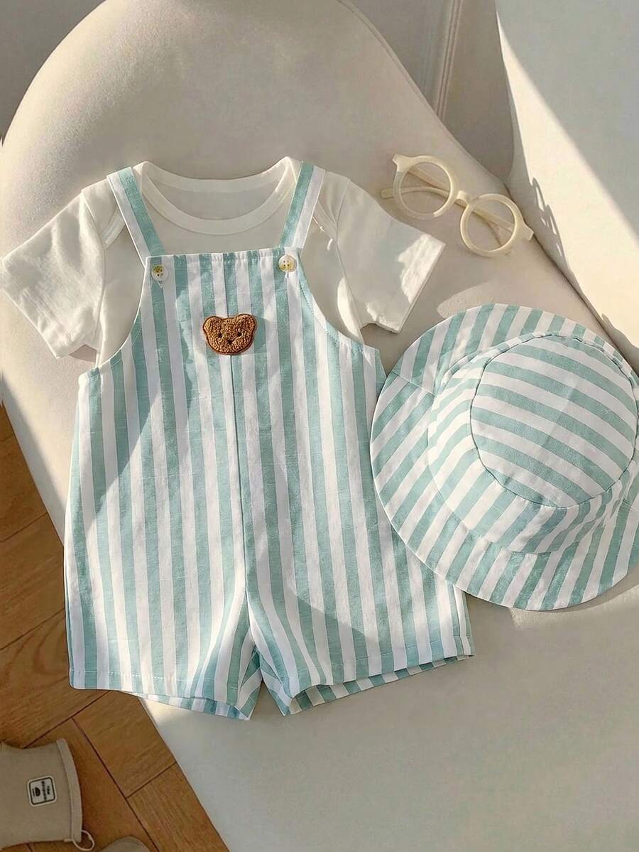 SHEIN 2件組嬰兒男孩女孩夏季條紋吊帶短褲與漁夫帽套裝，休閒度假外出服飾，適合海邊與海灘 - 彩色 - 查看 1
