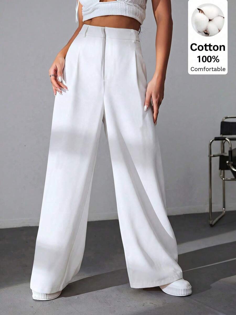 SHEIN EZwear 100%纯棉高腰阔腿裤,百搭休闲,适合大学、休闲、派对、音乐节、毕业典礼、返校、度假和办公等场合。 - 白色 - 查看 1