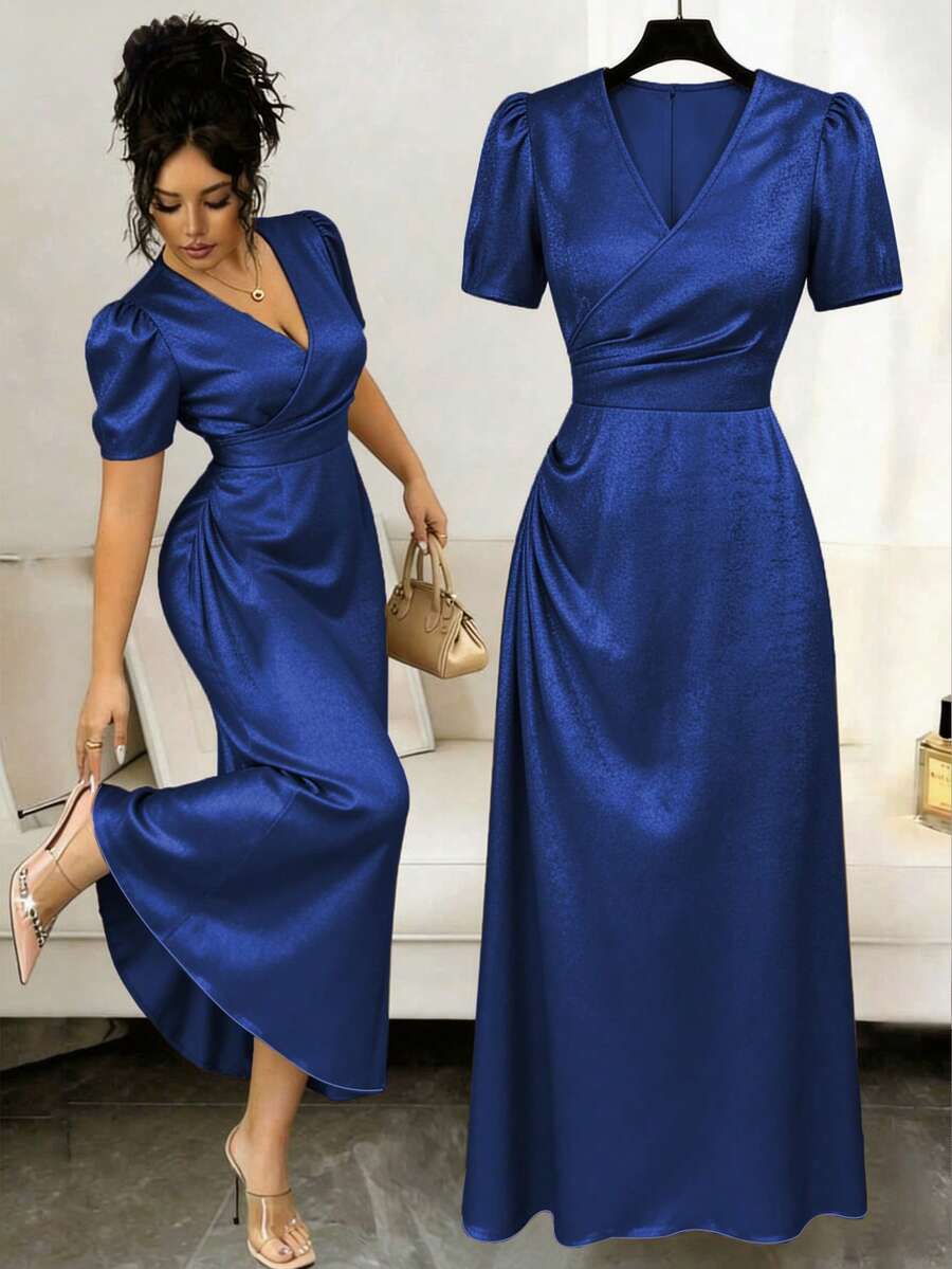 Elenzga Women's V-Neck Elegant Elegant Waist-Cinched Pleated Party Gathering Outing Casual Holiday Annual Meeting Wedding Autumn/Winter New Year Spring/Summer Gold Short Sleeve Dress - Blue - View 1