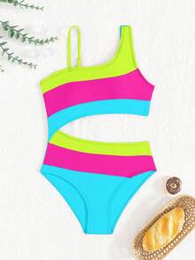 SHEIN Tween Girl Color-Block Asymmetric Neckline One-Piece Swimsuit, Hollowed-Out Waist Design Purple Beach Outfit Summer Holiday - Multicolor - View 6