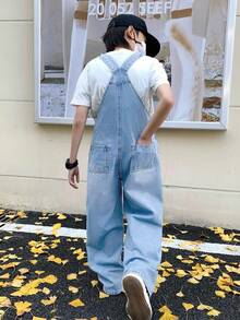SHEIN 青少年男孩時尚休閒藍色牛仔吊帶褲兒童夏季服裝 - 淺色水洗藍 - 查看 2