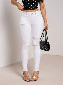 SHEIN Tall Jeans casuales versátiles para uso diario de mujer con bolsillo, botón y diseño desgastado - Blanco - Ver 6