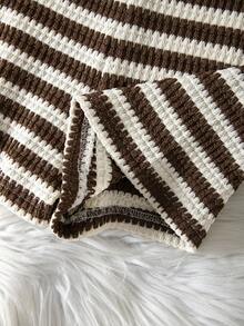Girls Casual All-Match Versatile Daily Home Wear Folded Double Waistband Striped Knit Fitted Shorts - Brown - View 4