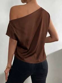 Everyssa Solid Asymmetrical Neck Satin Blouse One Shoulder Top - Coffee Brown - View 8