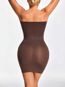 SHAPORA Women's Minimalist Solid Color Elastic Bandeau Bodycon Dress - Brown - View 4