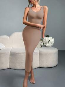 SHAPORA 女士纯色无袖紧身连衣裙 - 摩卡棕 - 查看 3