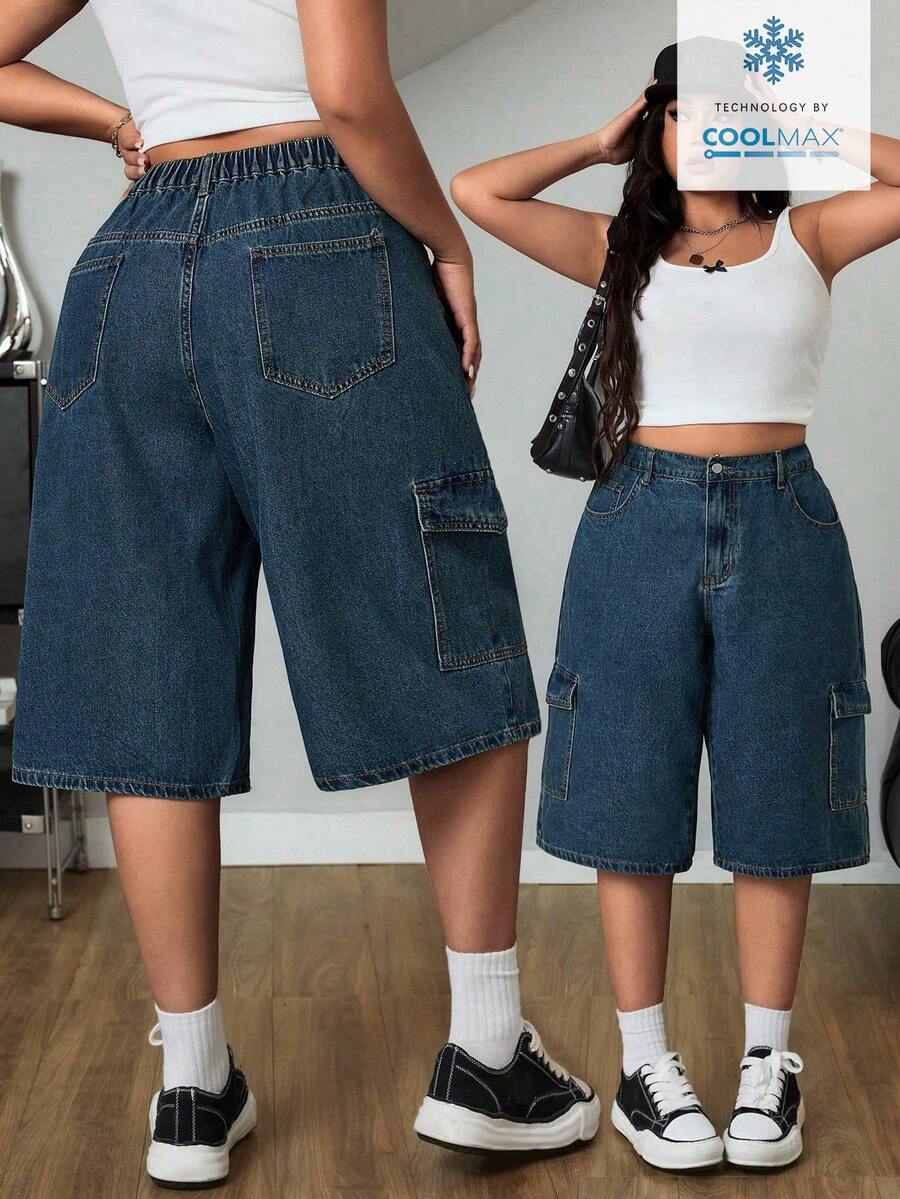 SHEIN ICON Pantalon cargo en jean bleu délavé à jambe droite ample avec grandes poches - Jean brut - Voir 1
