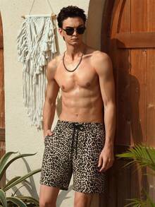 Azuldrift Men's Leopard Print Drawstring Waist Casual Beach Shorts Holiday / Vacation / Beach / Hawaii / Tropical / Swim /  Bathing - Coffee Brown - View 4