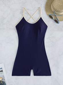 Swim Lushoire 女款純色夏季海灘度假連身泳衣，交叉綁帶開背無袖修身運動休閒運動風海軍藍 - 藏蓝色 - 查看 3