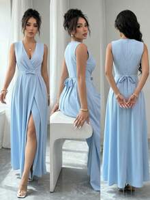 SHEIN Raffinéa Summer Elegant Women's Sleeveless Cross Neckline Bow Waist Decor Blue Dress, Office Attire, Commuter Wear, Outing Outfit, Party Dress, Graduation Prom Dress, Back To School Season Outfit, Guest Elegant Attire - Blue - View 6