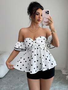 SHEIN Raffinéa Women's Polka Dot Pattern Twist Design Fashionable Off-Shoulder Blouse - White - View 3