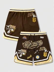 ROMWE MEN Prep Pantalones cortos de hombre con estampado de letras, rayas y bloques de color con cordón - Multicolor - Ver 3