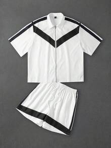 ROMWE MEN 男款黑白配色拼接 Polo 領拉鍊門襟短袖上衣與短褲套裝 - 米色 - 查看 1