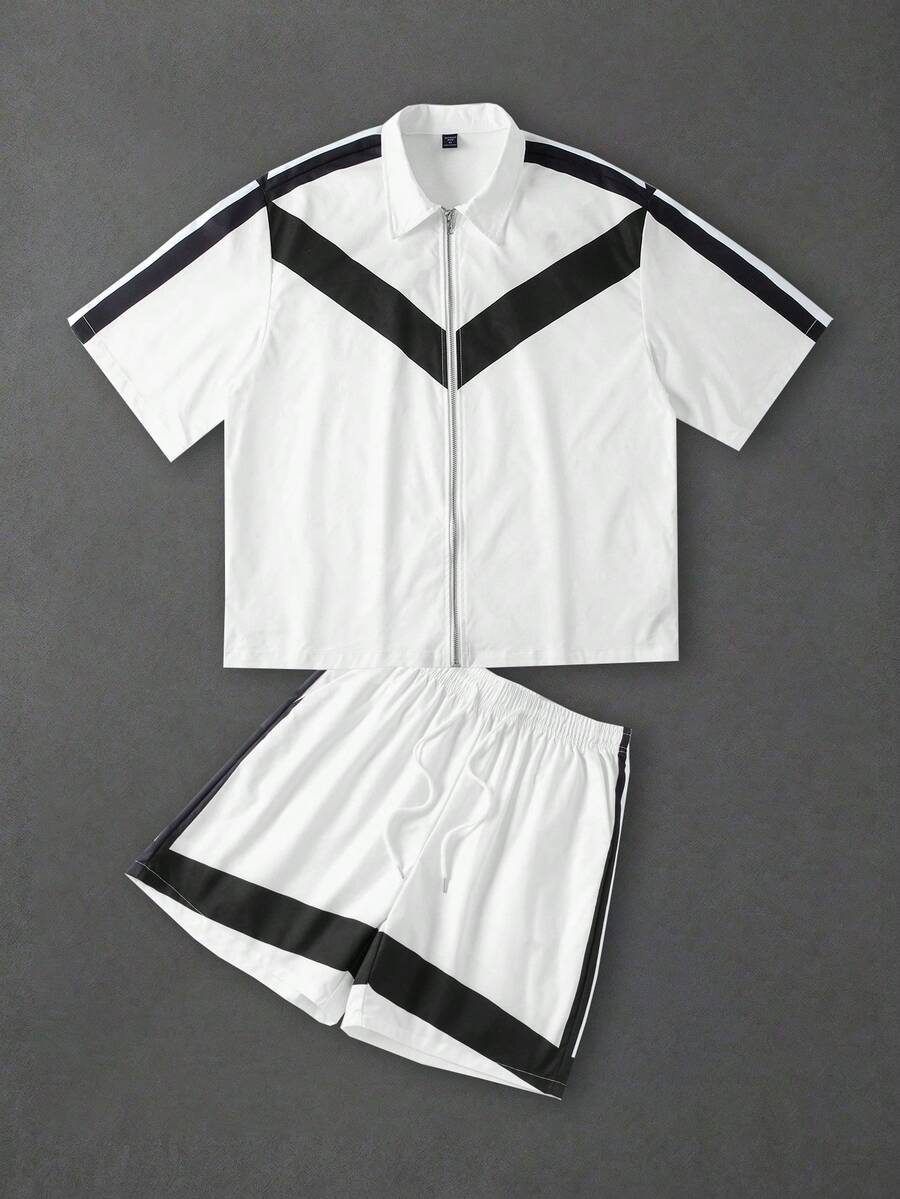 ROMWE MEN 男款黑白配色拼接 Polo 領拉鍊門襟短袖上衣與短褲套裝 - 米色 - 查看 1