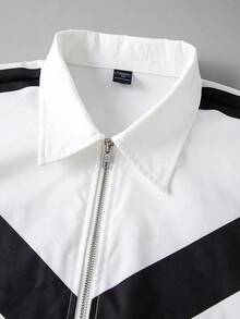 ROMWE MEN 男款黑白配色拼接 Polo 領拉鍊門襟短袖上衣與短褲套裝 - 米色 - 查看 2