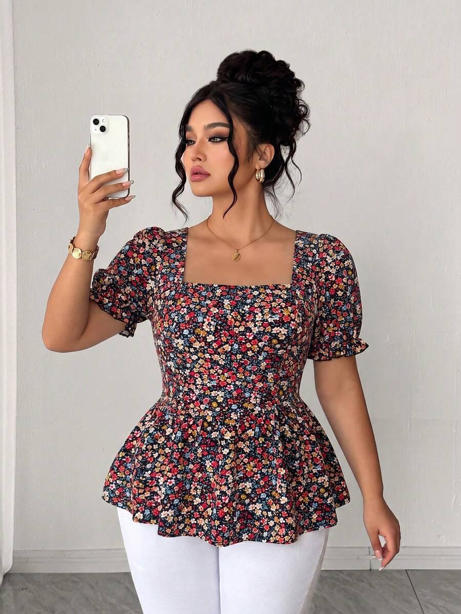 Elenzga Blus Wanita Ukuran Besar Elegan Kasual Serbaguna untuk Liburan, Puff Sleeve Square Neck Musim Semi Musim Panas Terbaru yang Mempertegas Pinggang - MultiWarna - View 1
