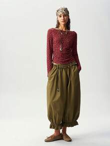 Bohemela Casual Boho Solid Color Knit Short Sleeve Women's Top Everyday Burgundy Autumn - Burgundy - View 7