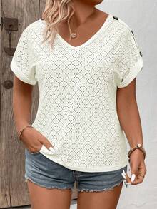 EMERY ROSE Camiseta de mujer primavera/verano nueva casual cuello en V manga corta puño enrollado botón en hombro color de contraste talla grande - Beis - Ver 3