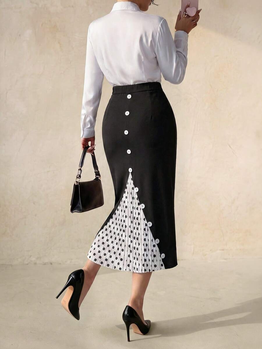 Elegantrix Women's Plus Size Elegant French Style Bodycon Mermaid Skirt With Elastic Waist, Color Block Polka Dot Pleated Skirt Fall - Black - View 1