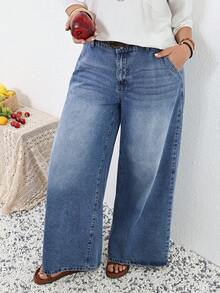 SHEIN Tall CURVE 大尺碼女款口袋寬腿寬鬆休閒百搭牛仔長褲 - 中等水洗藍 - 查看 6