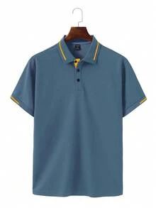 Manfinity Homme Men's Casual Contrast Trim Short Sleeve POLO Shirt, Summer, Polo Shirts For Men Collar - Teal Blue - View 3