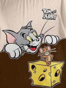 TOM & JERRY X SHEIN 男士圓領字母卡通圖案短袖上衣與短褲休閒日常家居服套裝 - 棕色 - 查看 4
