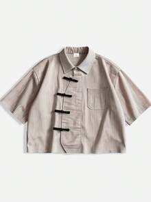 ROMWE MEN Street Life Short Sleeve Striped Front Opening Casual Vintage Asymmetric Collar Shirt - Coffee Brown - View 1