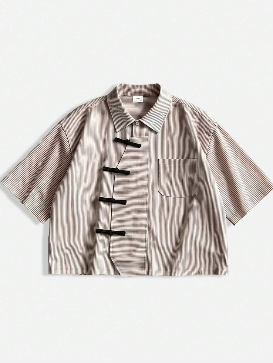 ROMWE MEN Street Life Short Sleeve Striped Front Opening Casual Vintage Asymmetric Collar Shirt - Coffee Brown - View 1