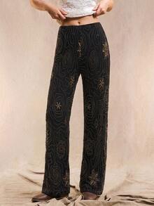 SHEIN EZwear 黑色大尺碼女款派對亮片刺繡直筒長褲 - 黑色 - 查看 4