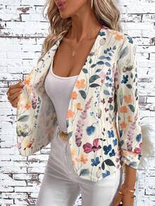 SHEIN Clasi 女款花卉印花長袖開襟休閒外套，適合度假穿著 - 彩色 - 查看 6