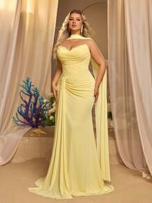 Glamrae Plus Size Elegant Glamorous Luxurious Sequin Lace Embroidery Patchwork Stretch Knit Mesh Off-Shoulder Sleeve Oversized Flare Wedding Event Formal - Yellow - View 6