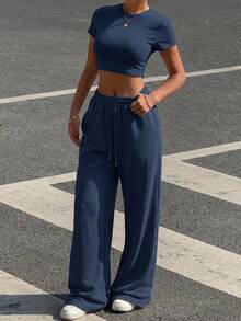 SHEIN EZwear 两件套女士百搭短袖露脐T恤和休闲抽绳腰带口袋裤套装 - 藏蓝色 - 查看 6