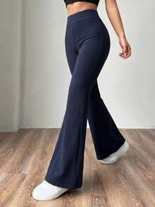 SHEIN EZwear 女款素色高腰修身喇叭針織運動風長褲 - 藏蓝色 - 查看 3