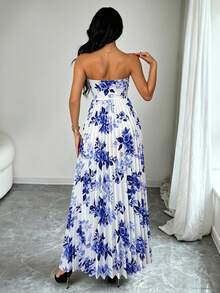Flora Isola Flora Isola 優雅無肩帶花卉印花性感收腰百褶設計女款洋裝 - 藍色 - 查看 2