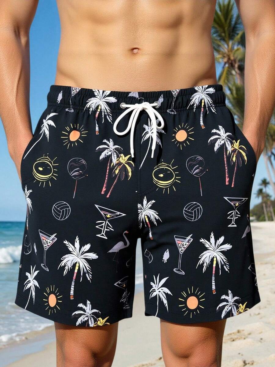 Surfspeed 男士棕榈树印花抽绳腰带沙滩短裤 - 黑與白 - 查看 1