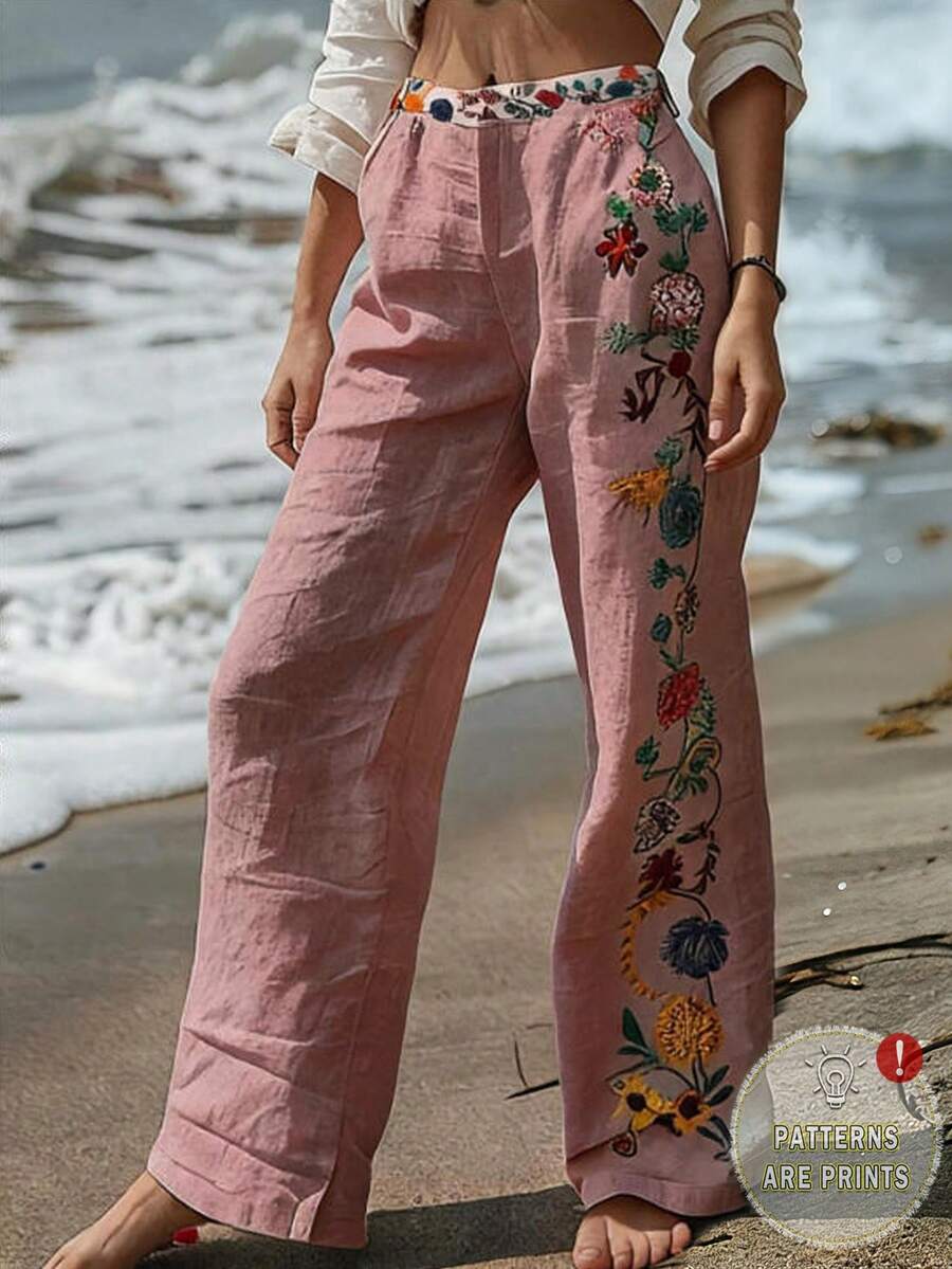 EMERY ROSE 女款寬鬆休閒波西米亞風花卉印花長褲 沙灘穿搭 灰粉色 秋冬款 - 淺粉色 - 查看 1