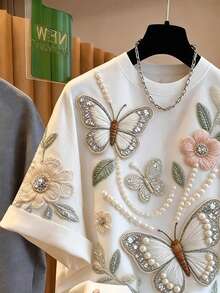Franclia Plus Size Women Versatile Butterfly & Flower Graphic Round Neck Short Sleeve T-Shirt - White - View 3
