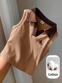 SHEIN Tank Top Kasual Bergaris dengan Kerah Rajut untuk Anak Perempuan - MultiWarna - View 5