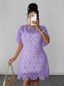 Maweii Plus Size Solid Color Hollow Out Round Neck Short Sleeve Dress - Mauve Purple - View 6